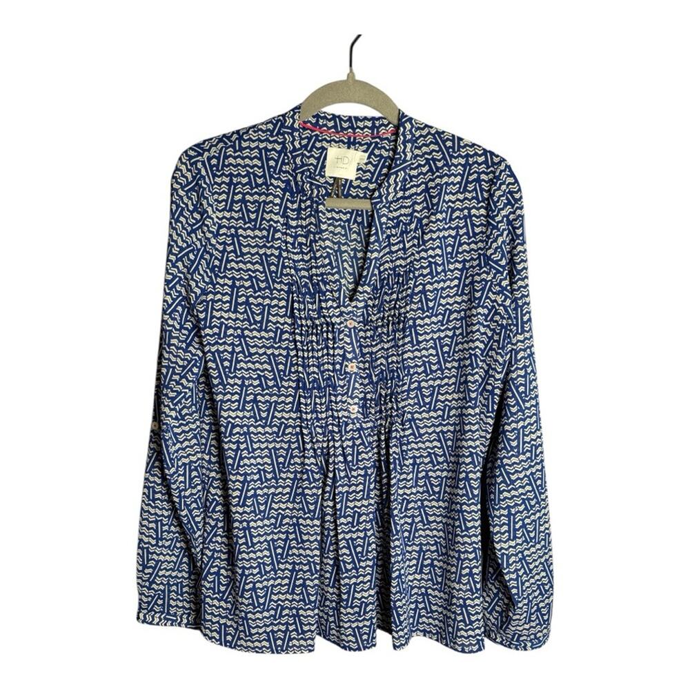 HD in Paris Blue White Print Long Sleeve Blouse Button Detail 10
